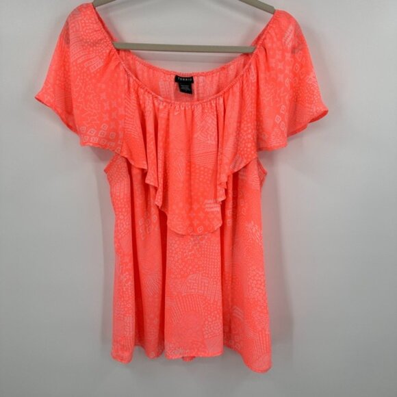 Tops - Torrid Blouse Top Womens 1 Neon Pink Doodle Print Georgette Ruffle Off Shoulder